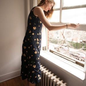 Flower-Printed Vintage Midi-Length Dress
